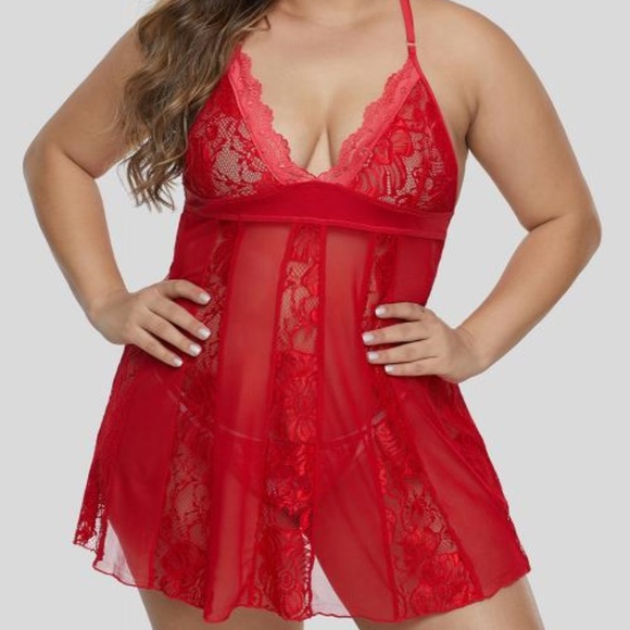 Queen Size Sexy Sheer Red Chemise Set - Picture 4 of 5
